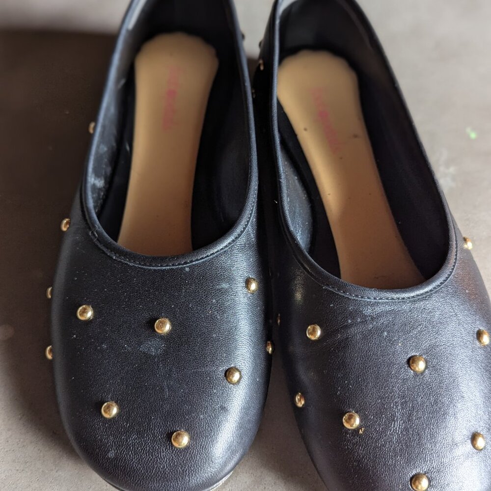 Dear Frances | Black Leather Bala Gold Studs Ballerina Flats | 38 - Picture 5 of 16